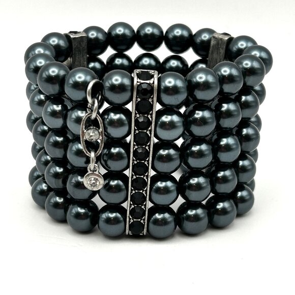 Cabi Heritage Gray Pearl 5 Strand Black Rhinestone Stretch Bracelet - Picture 1 of 9